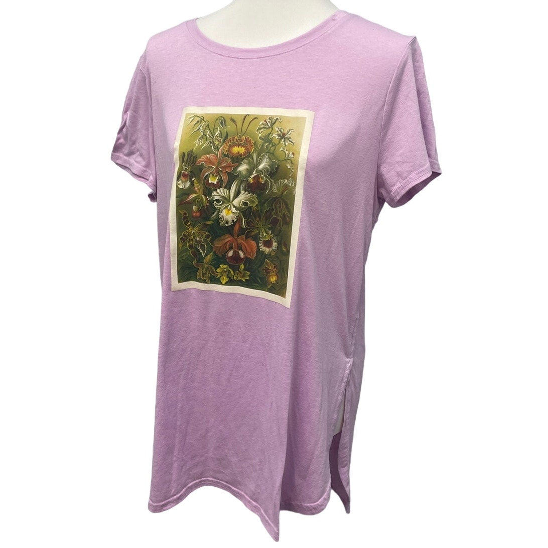 Hand Printed Upcycled Womens Large Vintage Orchid Botanical Flower Tee Shirt